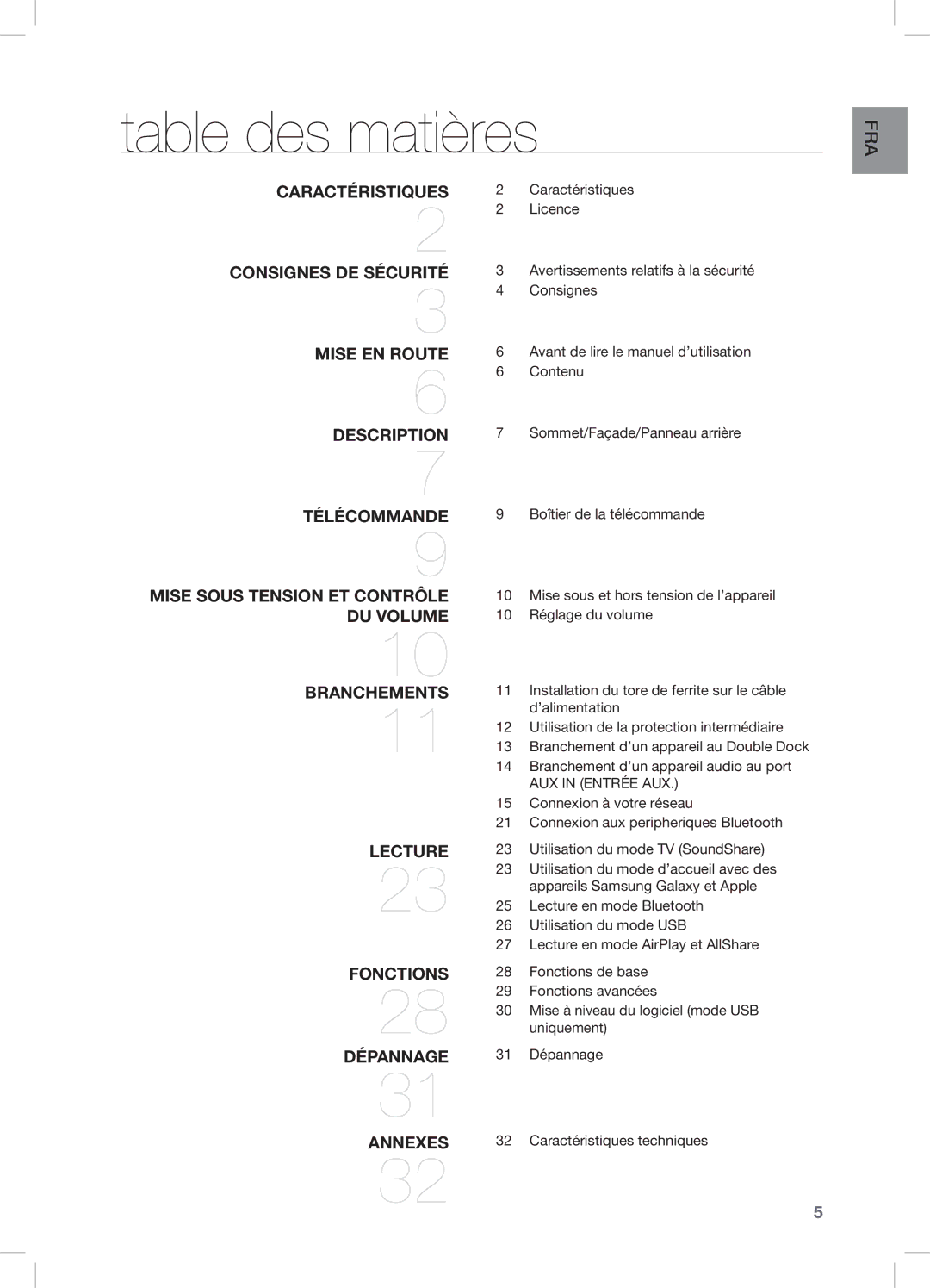 Samsung DA-E670/EN, DA-E670/ZF, DA-E670/XE manual Table des matières, AUX in Entrée AUX 