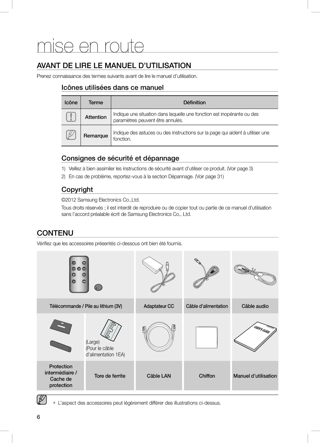 Samsung DA-E670/ZF manual Mise en route, Avant de lire le manuel d’utilisation, Contenu, Icônes utilisées dans ce manuel 