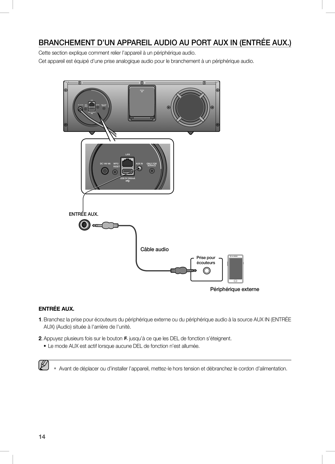 Samsung DA-E670/EN, DA-E670/ZF, DA-E670/XE Branchement D’UN Appareil Audio AU Port AUX in Entrée AUX, Périphérique externe 