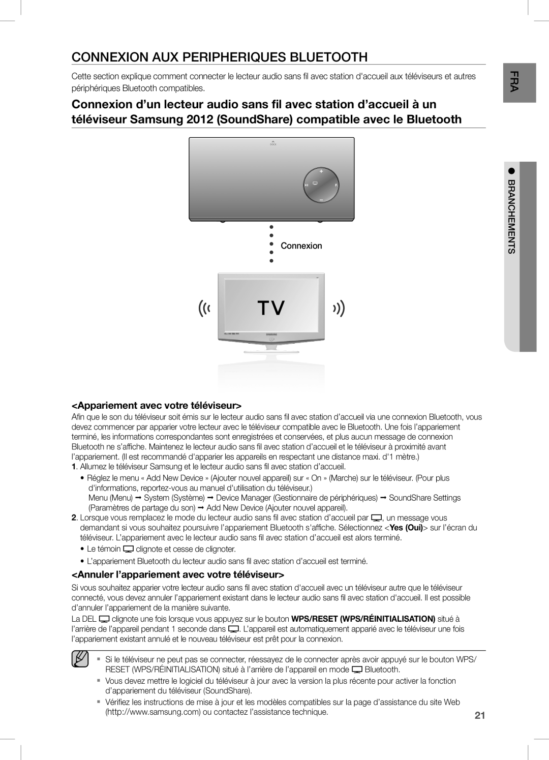 Samsung DA-E670/ZF, DA-E670/EN, DA-E670/XE manual Connexion AUX Peripheriques Bluetooth, Appariement avec votre téléviseur 