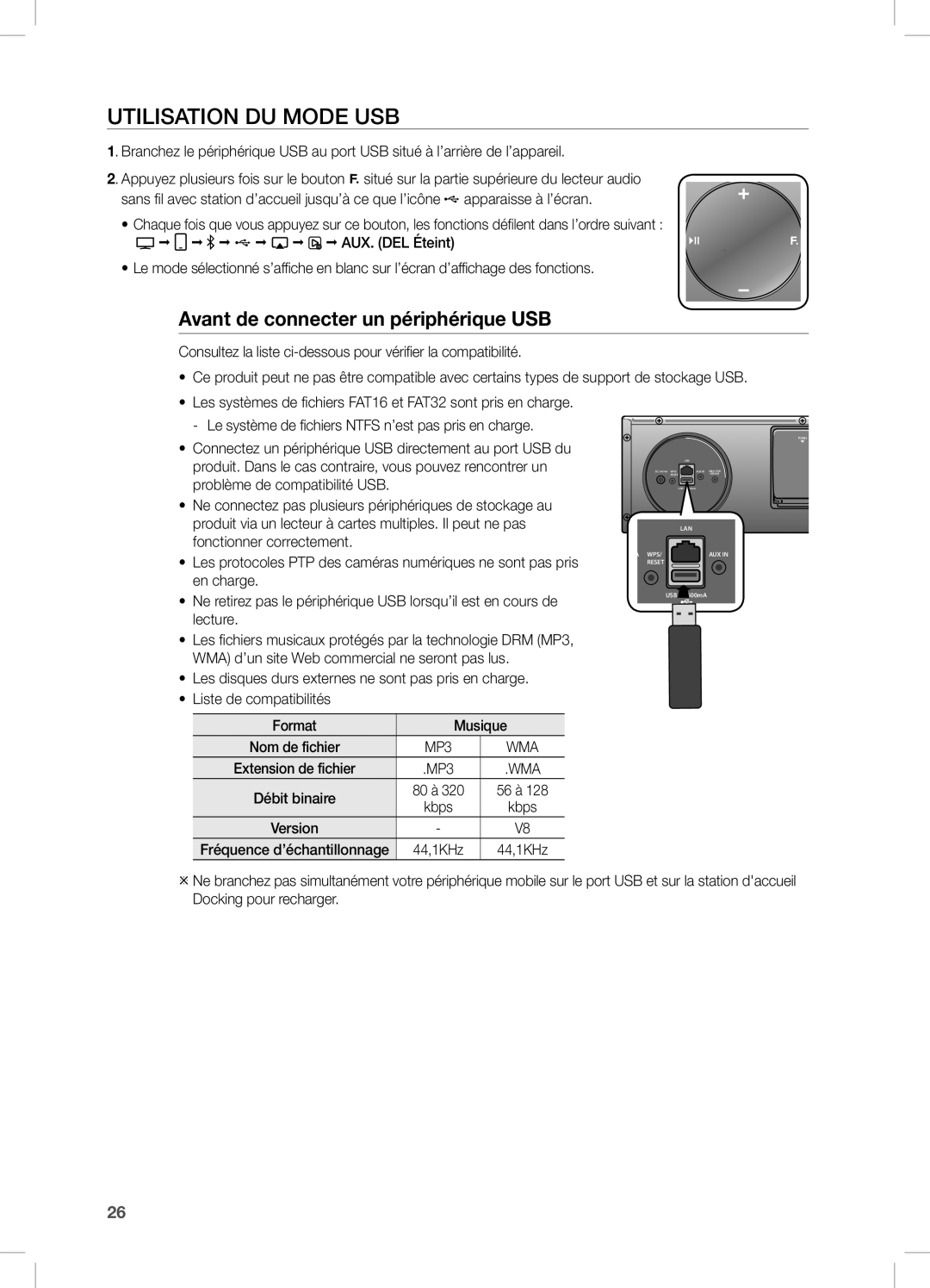 Samsung DA-E670/EN, DA-E670/ZF, DA-E670/XE manual Utilisation DU Mode USB, Avant de connecter un périphérique USB 