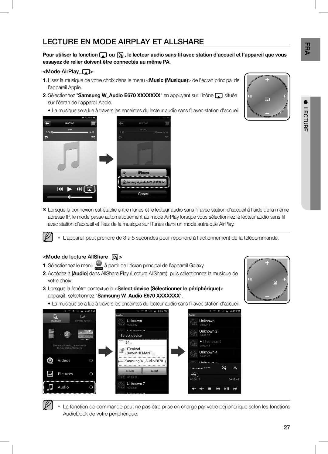 Samsung DA-E670/ZF, DA-E670/EN, DA-E670/XE manual Lecture EN Mode Airplay ET Allshare 