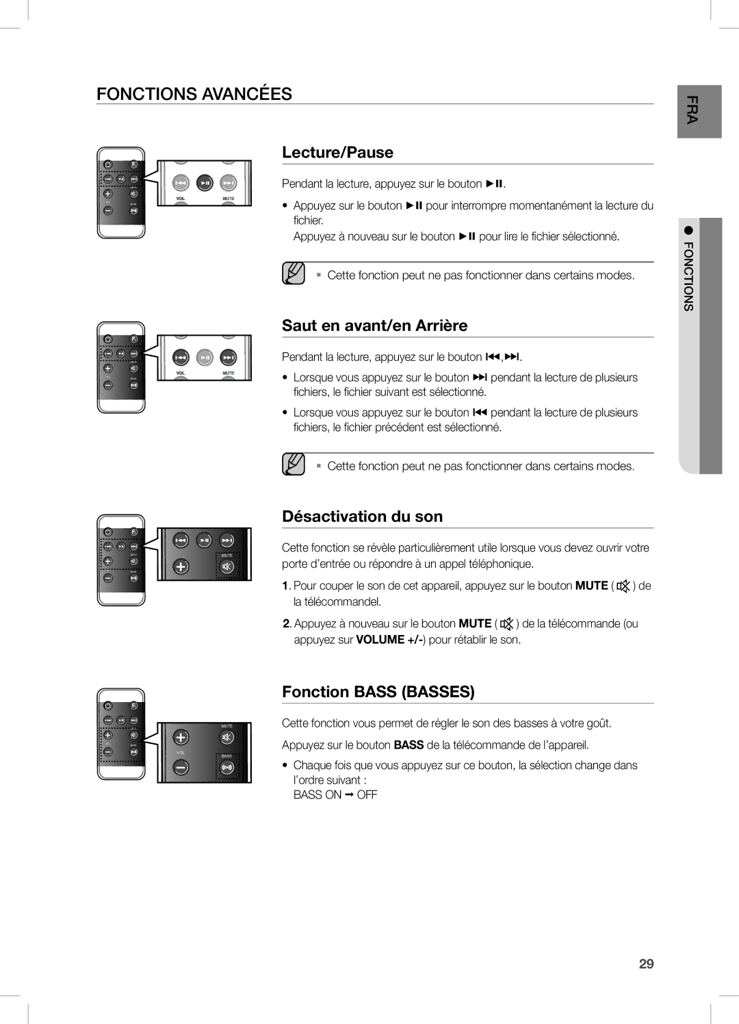 Samsung DA-E670/EN Fonctions Avancées, Lecture/Pause, Saut en avant/en Arrière, Désactivation du son, Fonction Bass Basses 