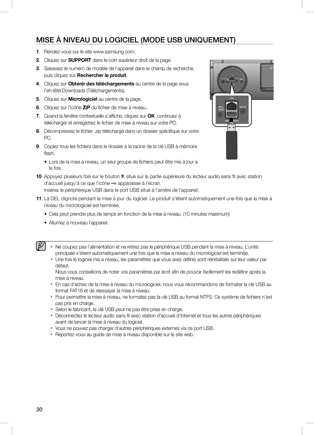 Samsung DA-E670/ZF Mise À Niveau DU Logiciel mode USB uniquement, Cliquez sur Support dans le coin supérieur droit de la 