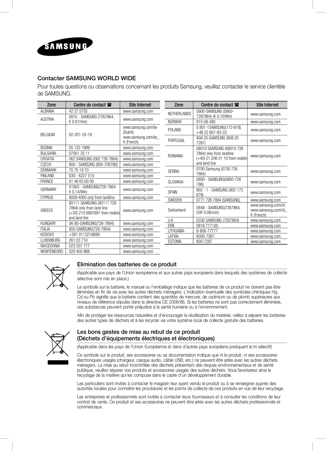 Samsung DA-E670/XE, DA-E670/EN, DA-E670/ZF Elimination des batteries de ce produit, Zone Centre de contact  Site Internet 