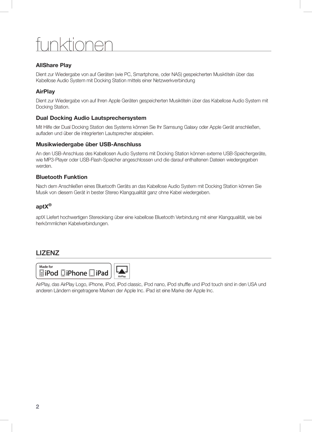 Samsung DA-E670/ZF manual Funktionen, Lizenz, Dual Docking Audio Lautsprechersystem, Musikwiedergabe über USB-Anschluss 