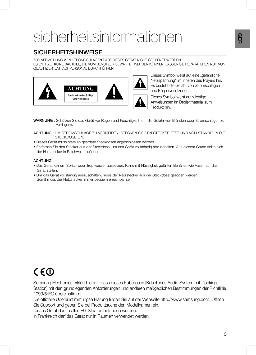 Samsung DA-E670/XE, DA-E670/EN, DA-E670/ZF manual Sicherheitsinformationen, Sicherheitshinweise 