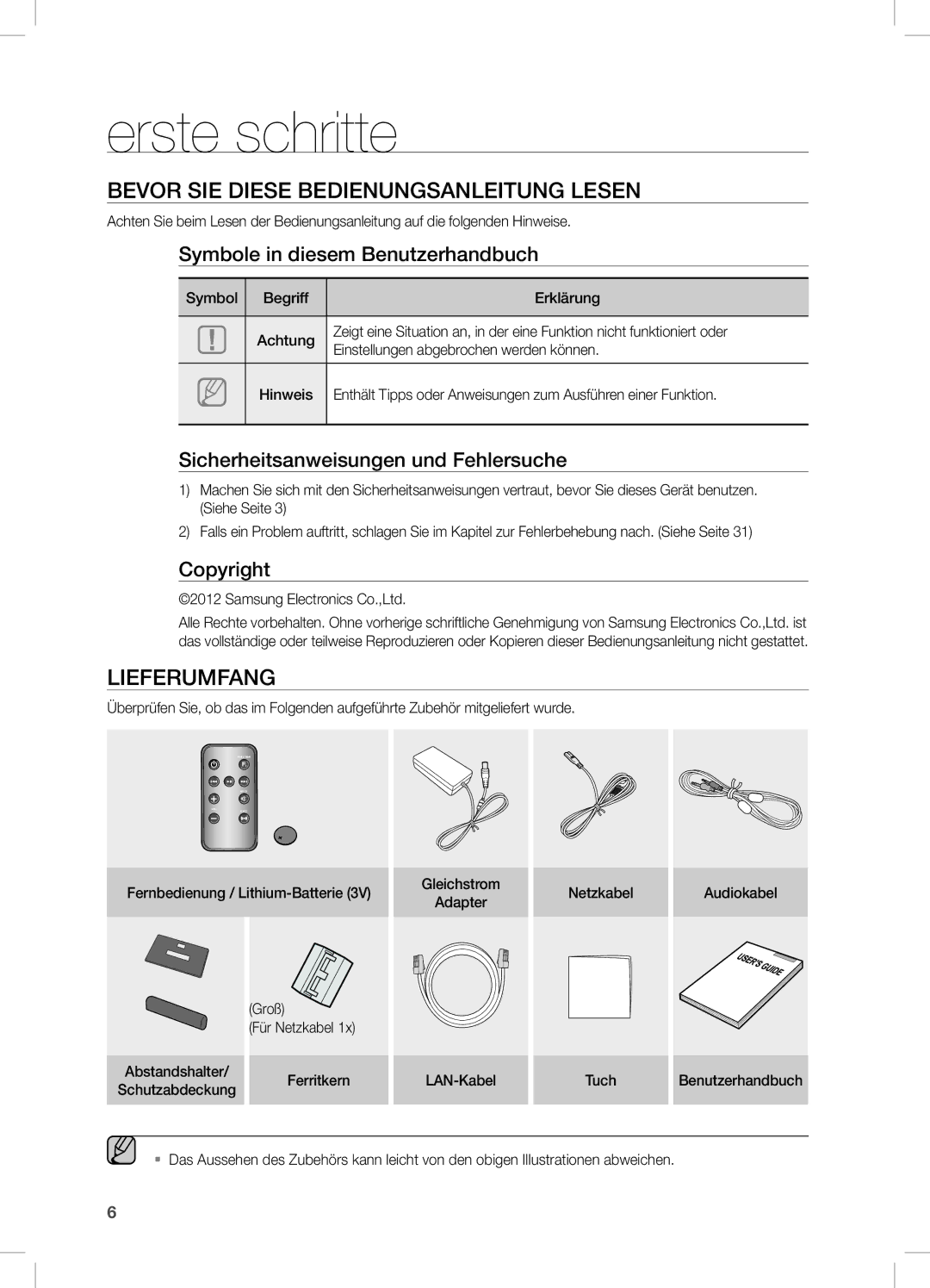 Samsung DA-E670/XE, DA-E670/EN, DA-E670/ZF manual Erste schritte, Bevor Sie diese Bedienungsanleitung lesen, Lieferumfang 