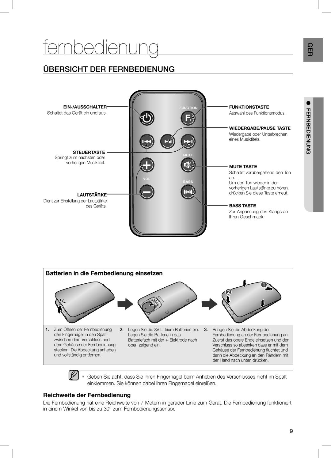 Samsung DA-E670/XE Übersicht DER Fernbedienung, Batterien in die Fernbedienung einsetzen, Reichweite der Fernbedienung 