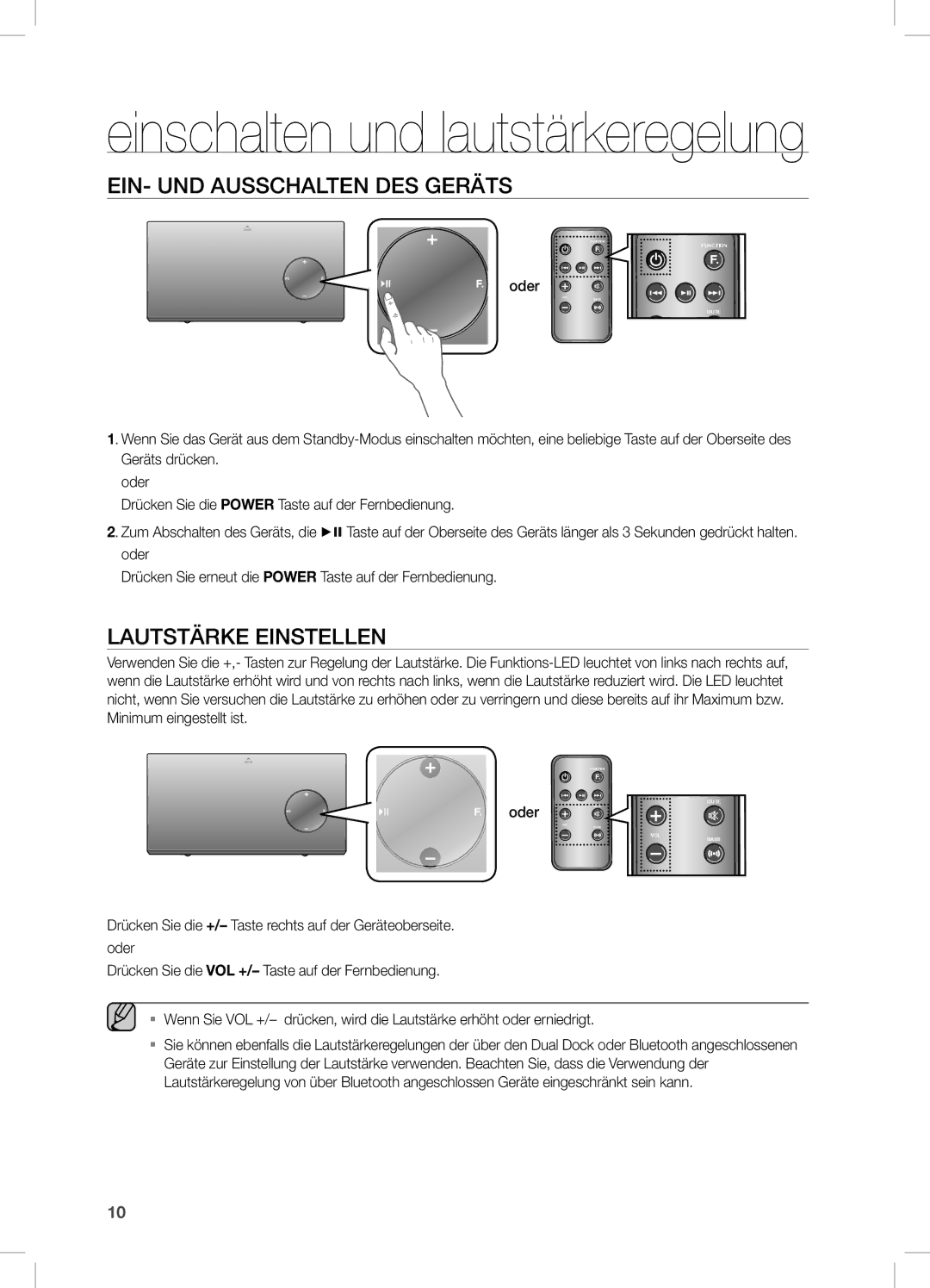 Samsung DA-E670/EN, DA-E670/ZF, DA-E670/XE manual Ein- Und AUSSCHALTen deS GeRÄTS, LAUTSTÄRKe einSTeLLen, Oder 