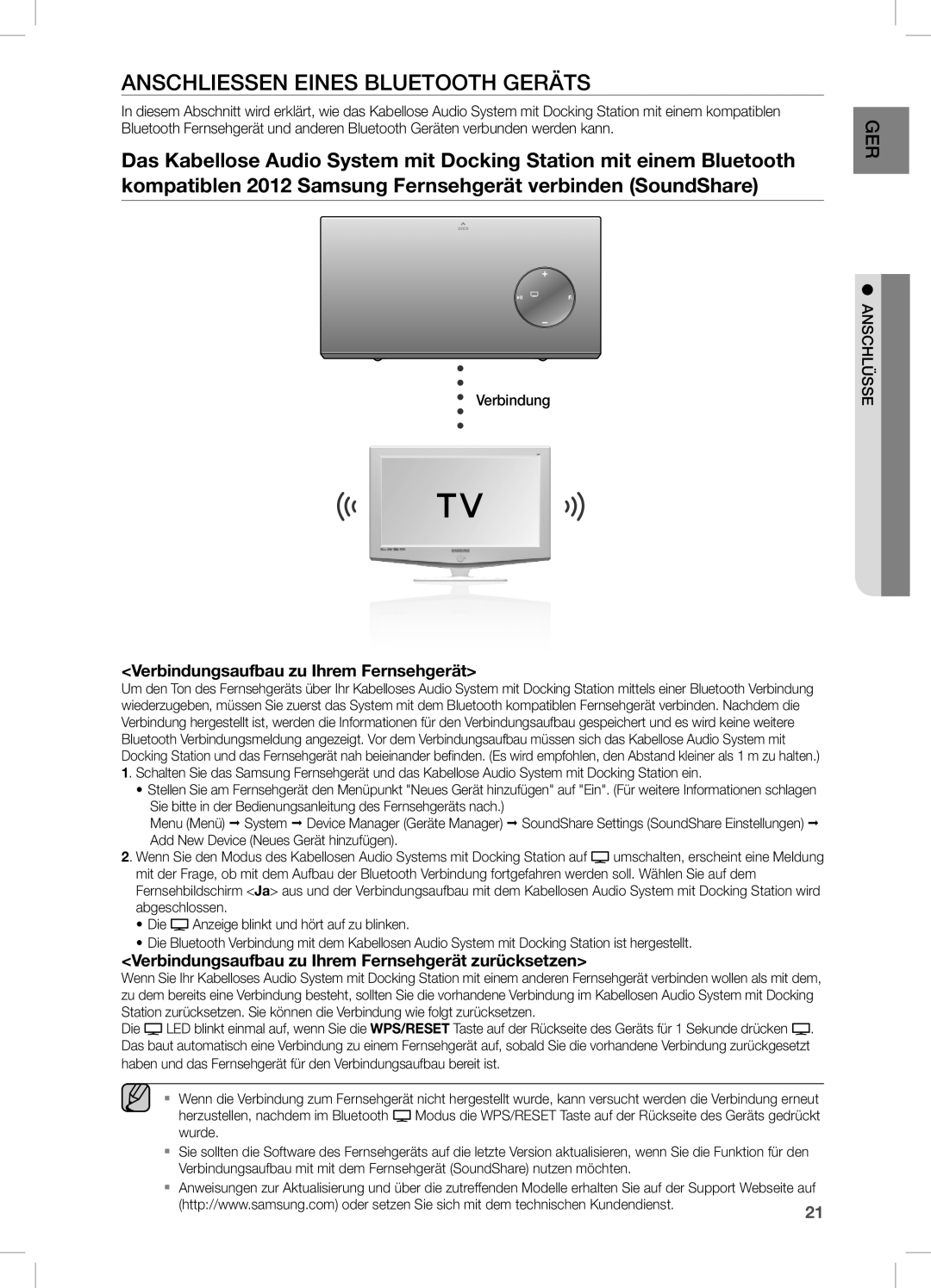 Samsung DA-E670/XE, DA-E670/EN, DA-E670/ZF Anschliessen Eines Bluetooth Geräts, Verbindungsaufbau zu Ihrem Fernsehgerät 