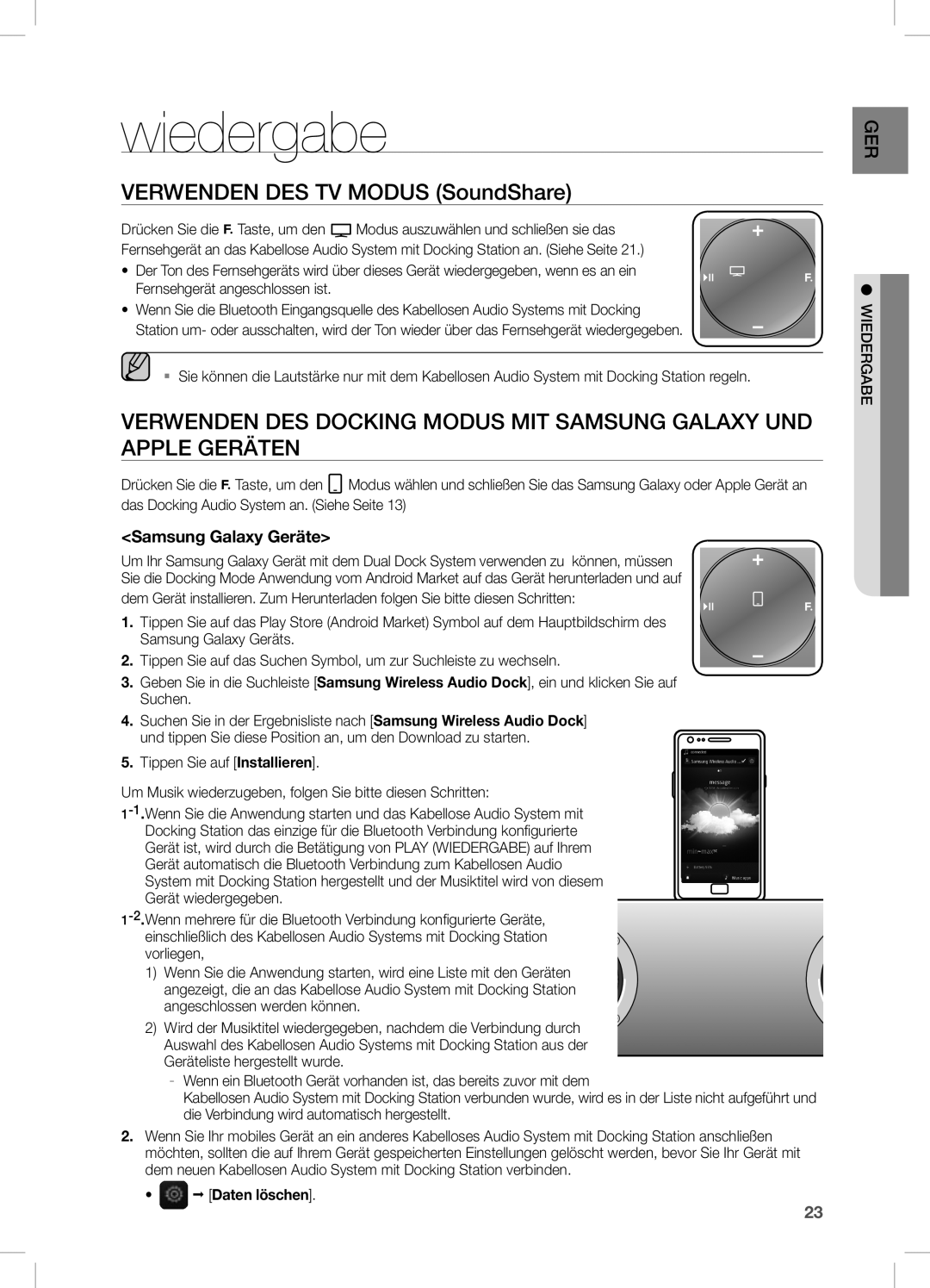 Samsung DA-E670/ZF, DA-E670/EN manual Wiedergabe, Verwenden DES TV Modus SoundShare, Samsung Galaxy Geräte, Ger e ab Wiederg 