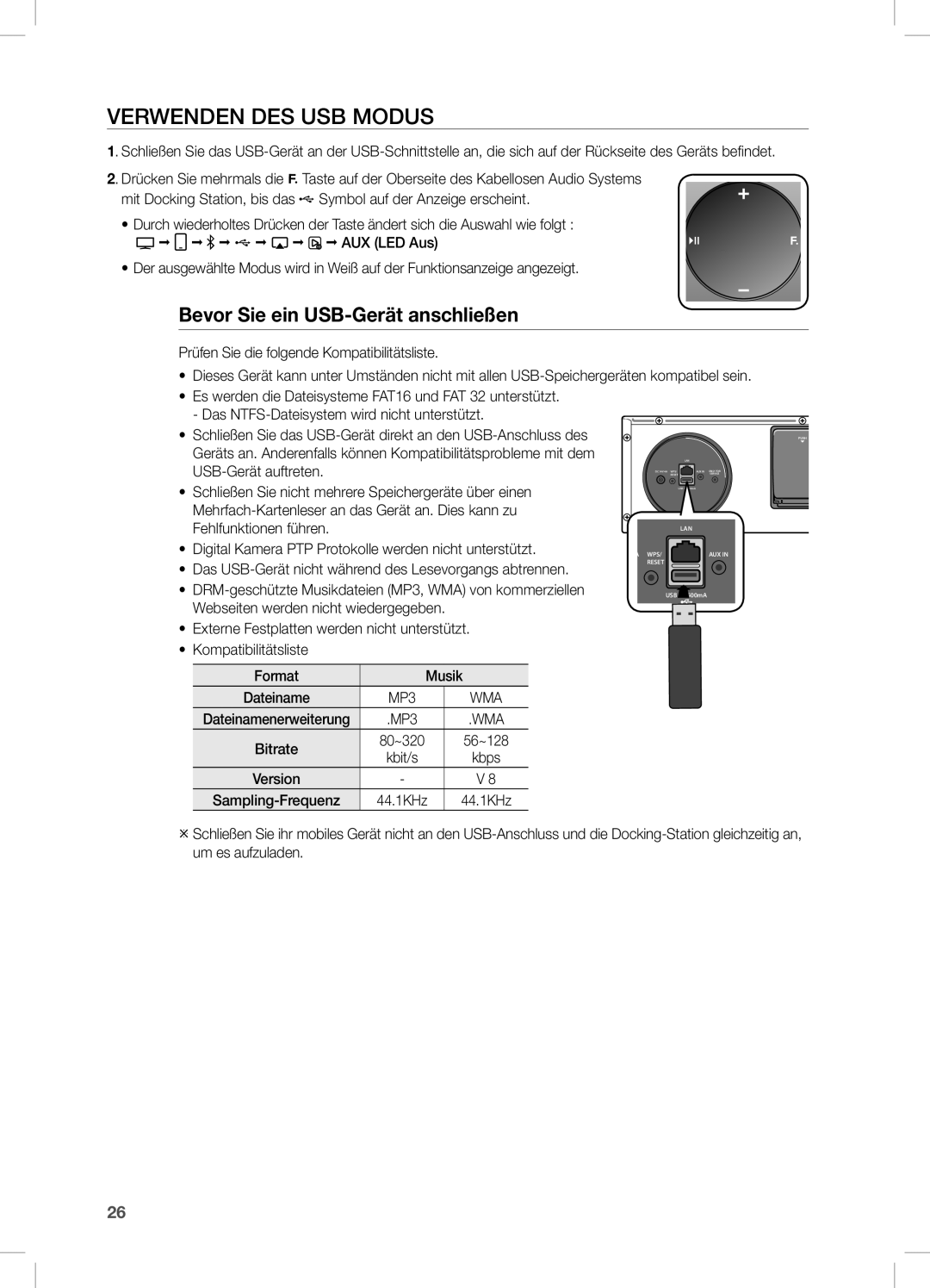 Samsung DA-E670/ZF, DA-E670/EN, DA-E670/XE Verwenden DES USB Modus, Bevor Sie ein USB-Gerät anschließen, 56~128, Kbit/s 