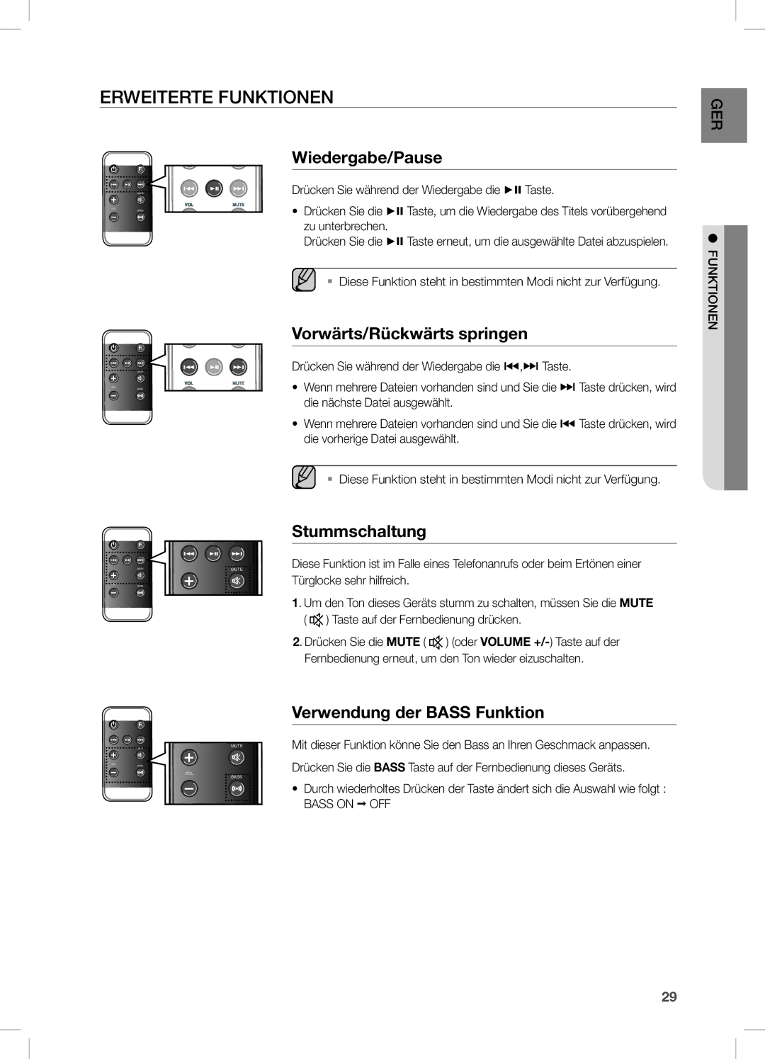 Samsung DA-E670/ZF, DA-E670/EN manual Erweiterte Funktionen, Wiedergabe/Pause, Vorwärts/Rückwärts springen, Stummschaltung 