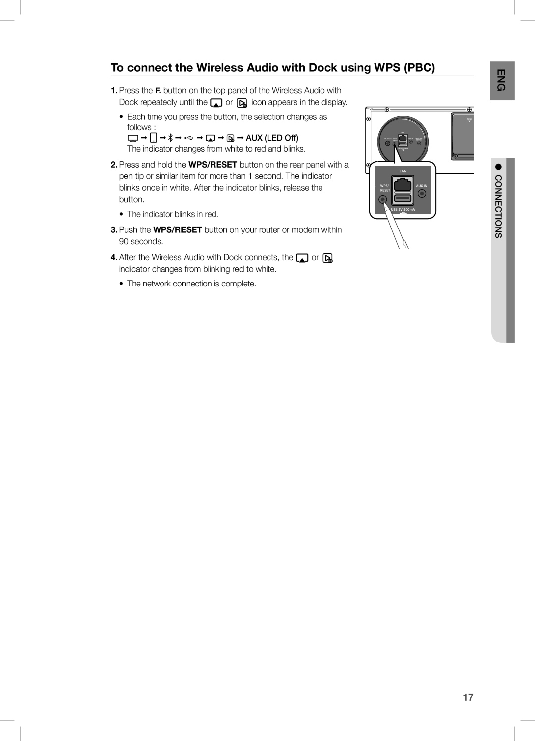 Samsung DA-E670/XE To connect the Wireless Audio with Dock using WPS PBC, Indicator changes from white to red and blinks 