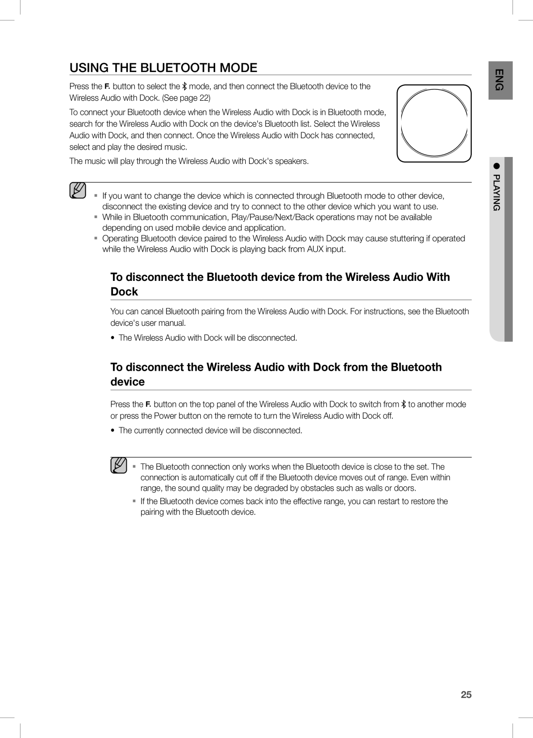 Samsung DA-E670/ZF, DA-E670/EN, DA-E670/XE manual Using the Bluetooth Mode, Wireless Audio with Dock will be disconnected 