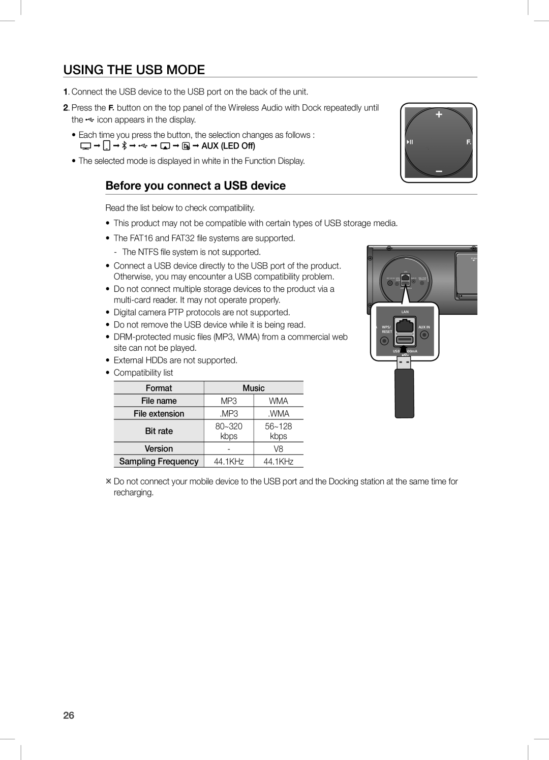 Samsung DA-E670/XE, DA-E670/EN, DA-E670/ZF manual Using the USB Mode, Before you connect a USB device, Bit rate, Kbps 