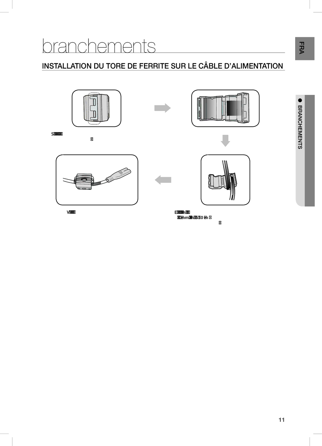 Samsung DA-E670/EN manual Branchements, InSTALLATiOn DU TORe De FeRRiTe SUR Le cÂBLe D’ALiMenTATiOn 