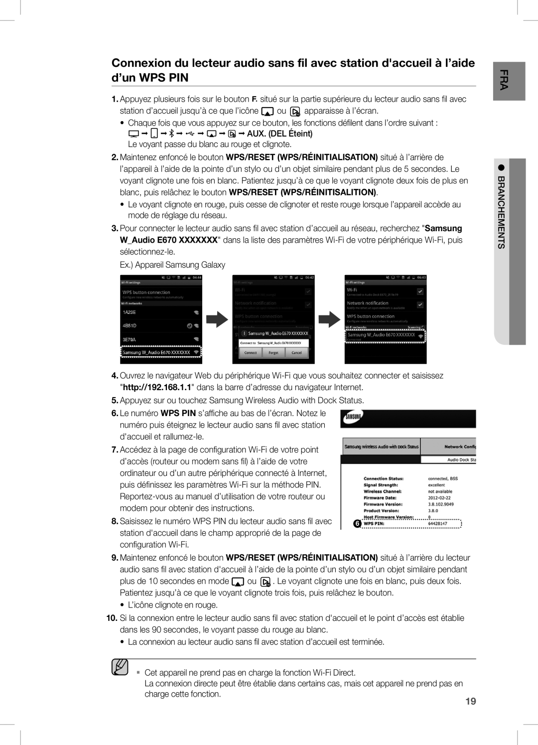 Samsung DA-E670/EN manual Saisissez le numéro WPS PIN du lecteur audio sans fil avec 