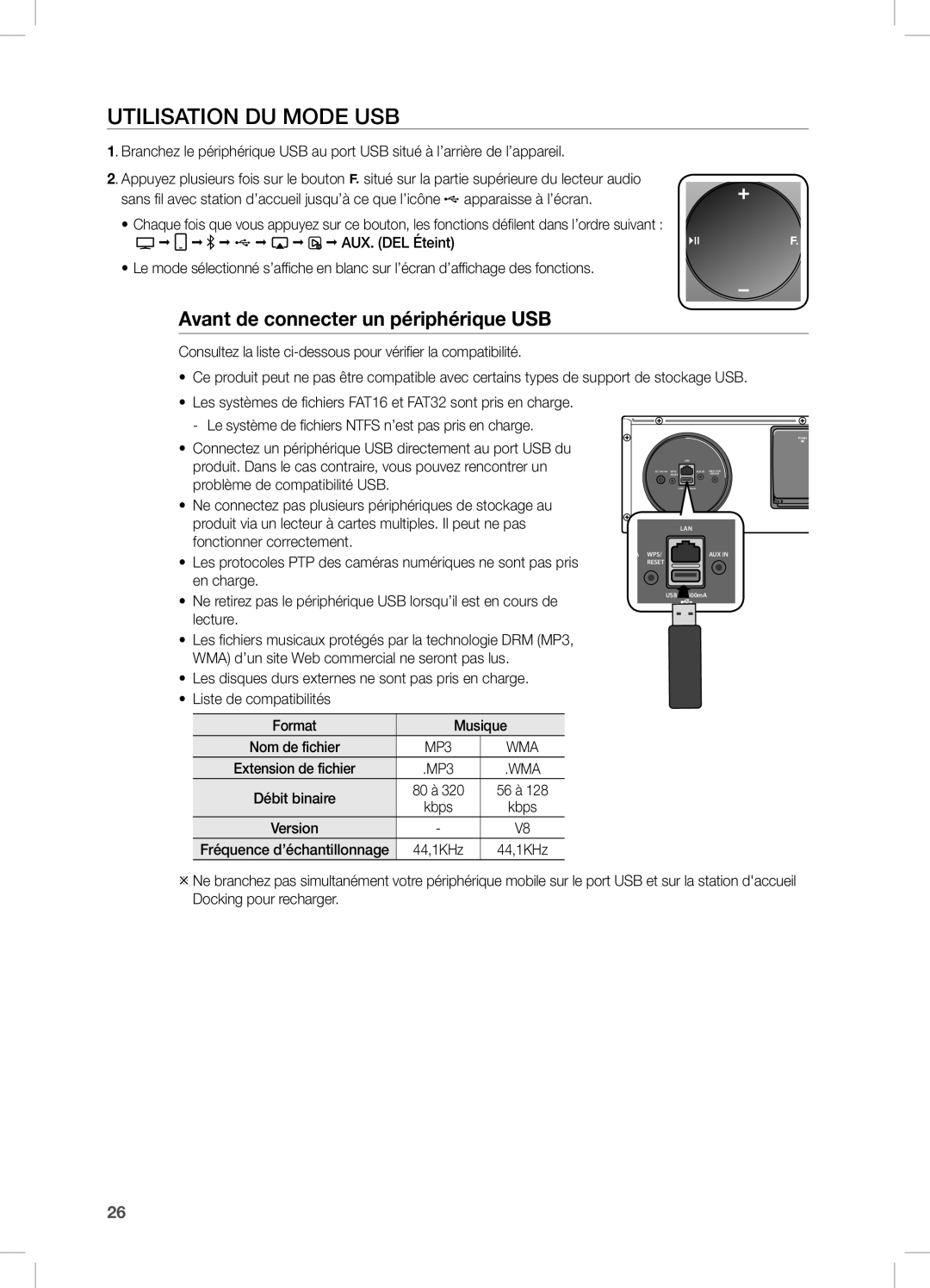 Samsung DA-E670/EN manual Utilisation DU Mode USB, Avant de connecter un périphérique USB 