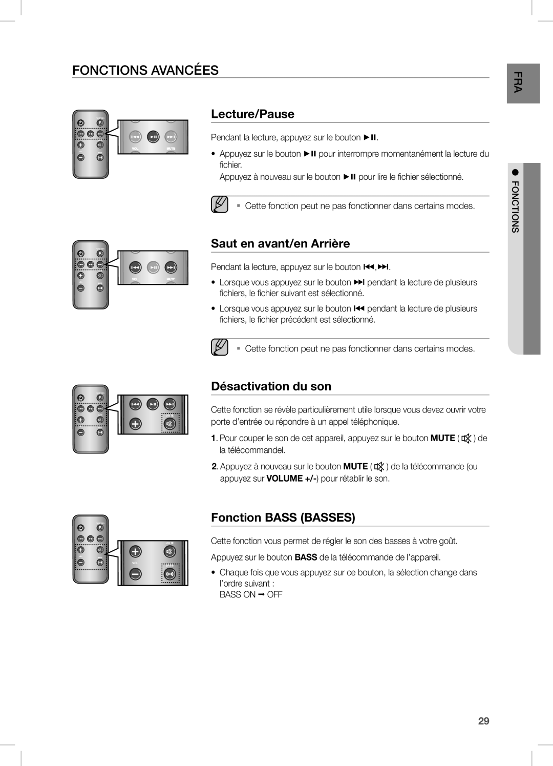 Samsung DA-E670/EN Fonctions Avancées, Lecture/Pause, Saut en avant/en Arrière, Désactivation du son, Fonction Bass Basses 