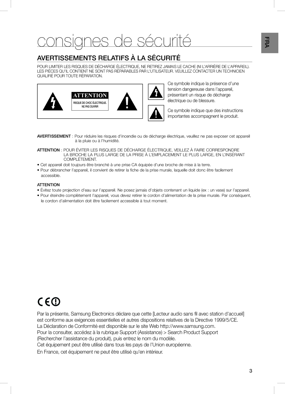 Samsung DA-E670/EN manual Consignes de sécurité, Avertissements Relatifs À LA Sécurité 