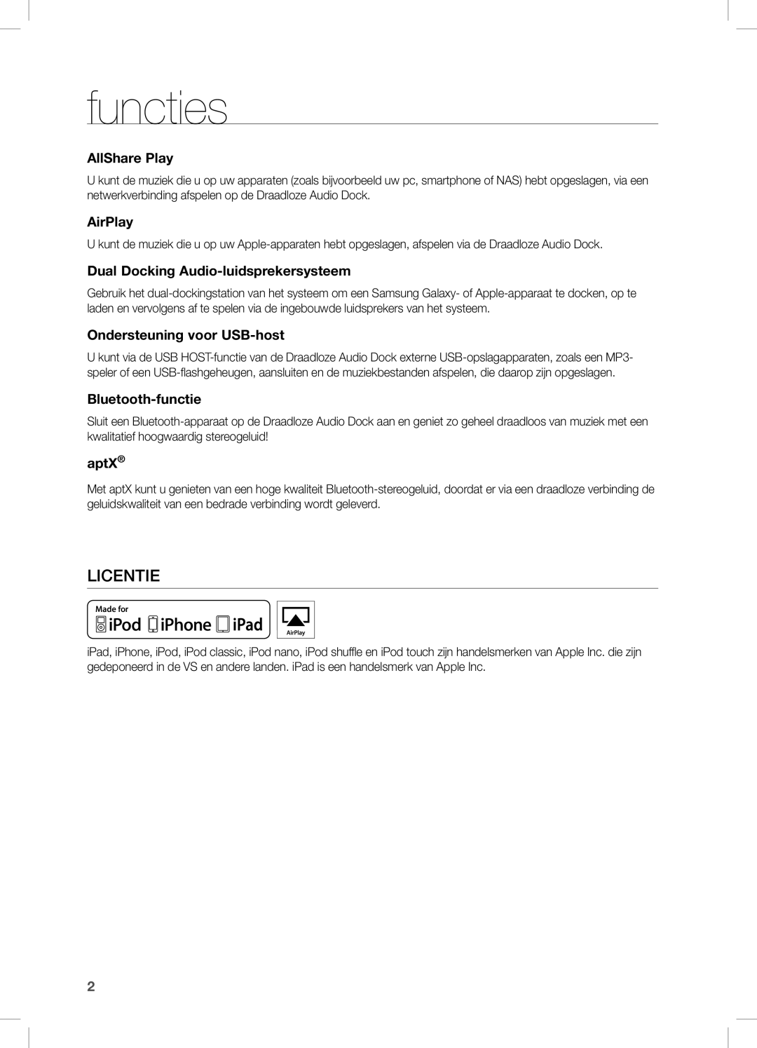 Samsung DA-E670/EN manual Functies, AllShare Play, Dual Docking Audio-luidsprekersysteem, Ondersteuning voor USB-host 