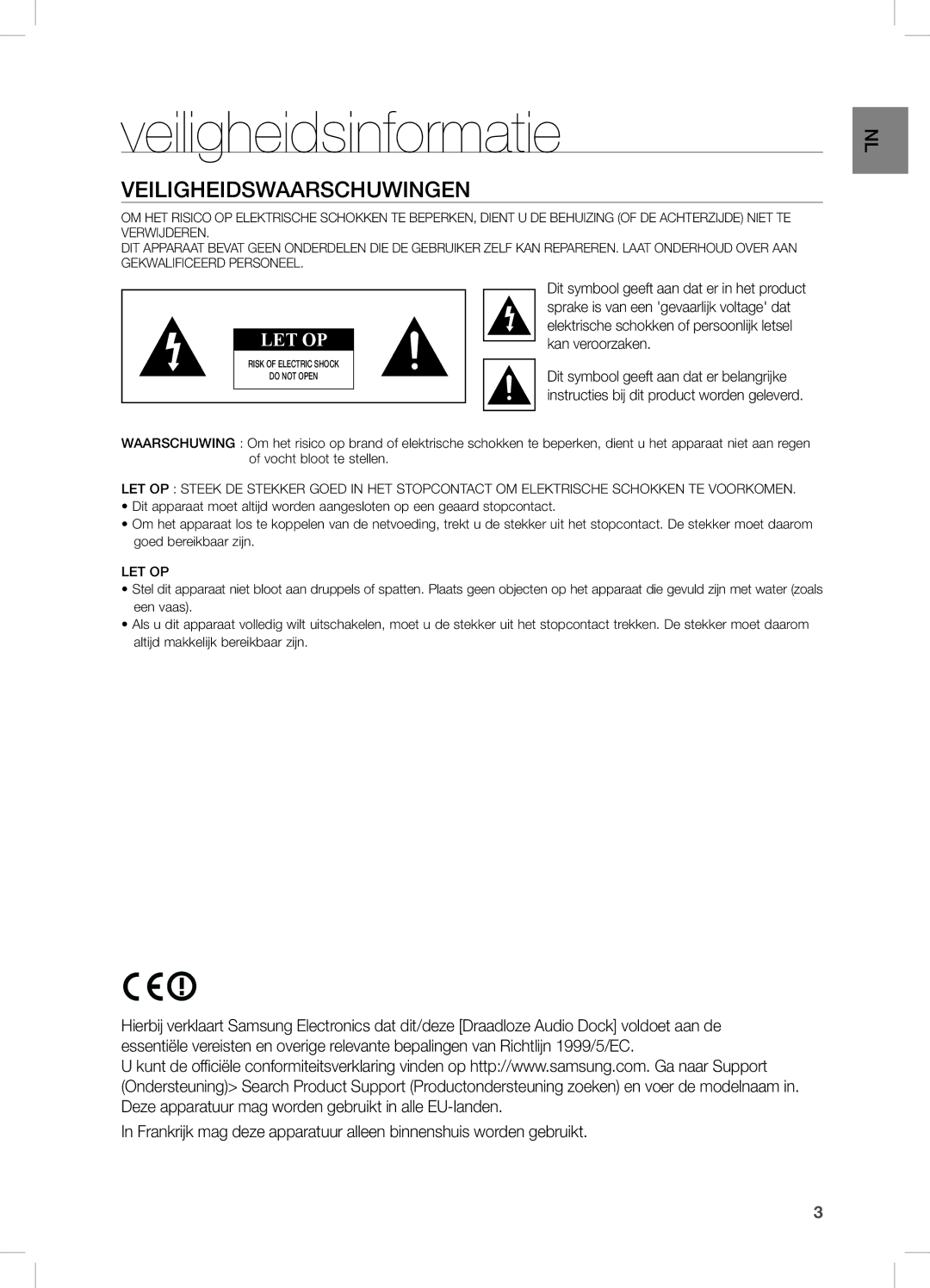 Samsung DA-E670/EN manual Veiligheidsinformatie, Veiligheidswaarschuwingen 