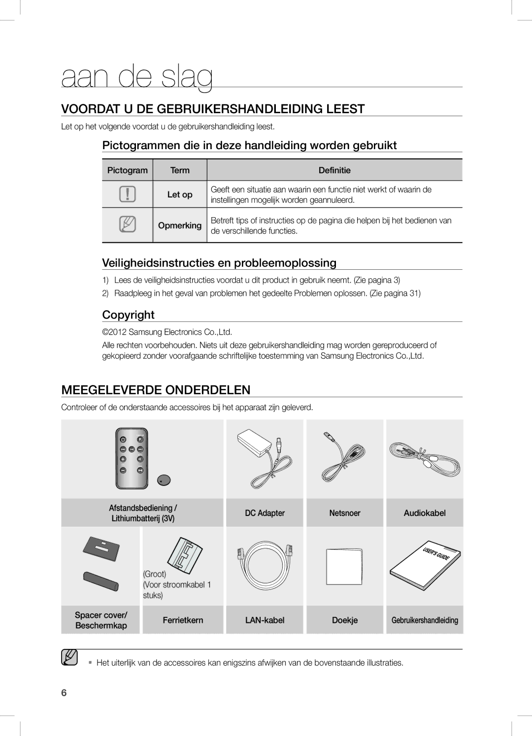 Samsung DA-E670/EN manual Aan de slag, Voordat u de gebruikershandleiding leest, Meegeleverde Onderdelen 