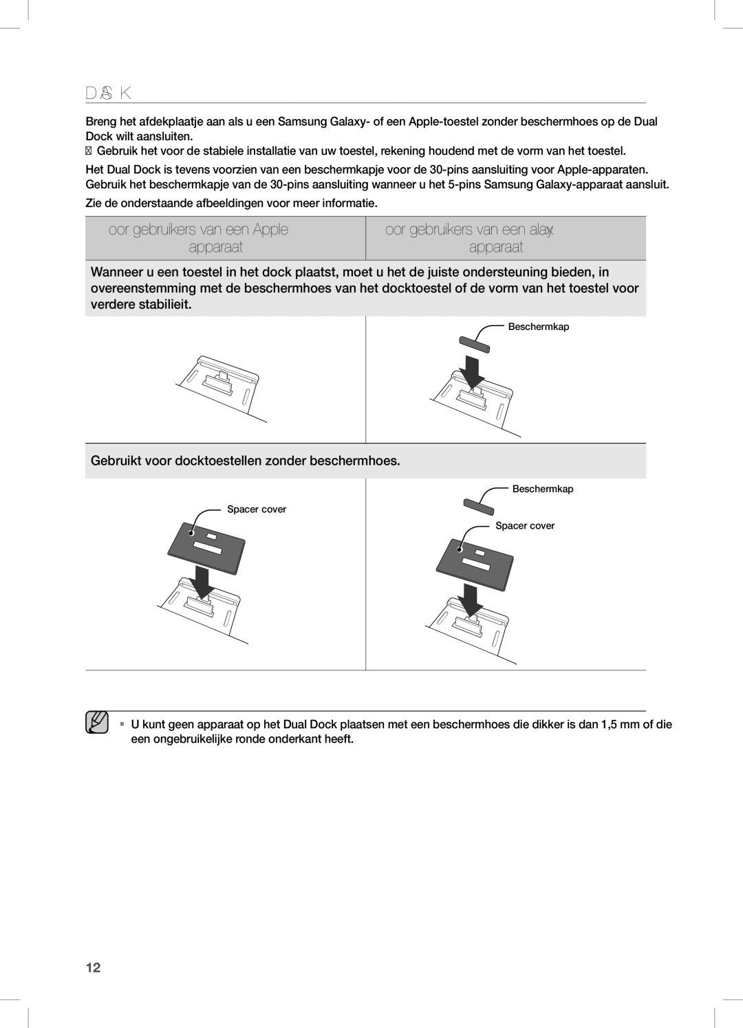 Samsung DA-E670/EN manual De SPAceR cOVeR GebRUiKen, Gebruikt voor docktoestellen zonder beschermhoes 