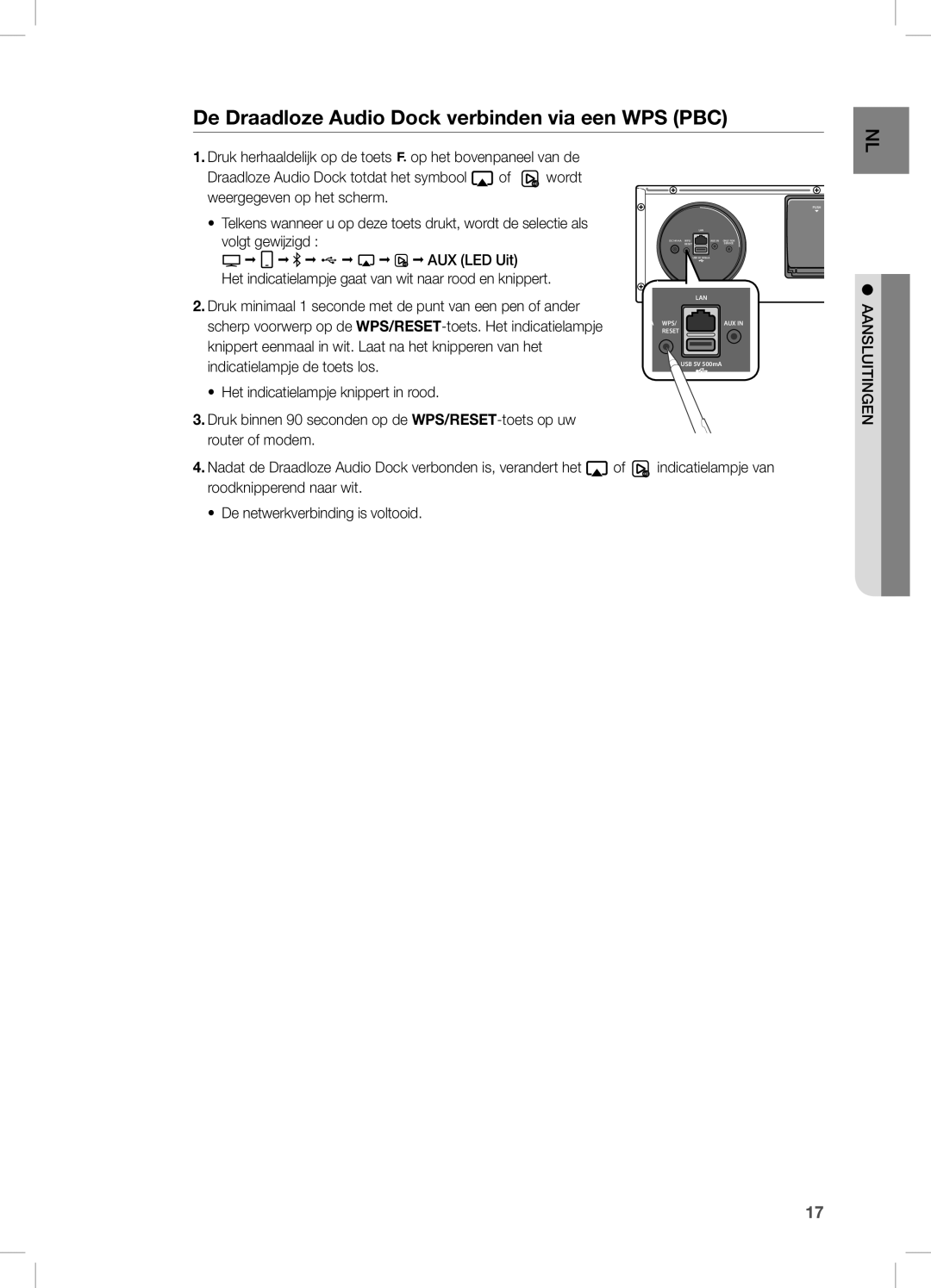 Samsung DA-E670/EN manual De Draadloze Audio Dock verbinden via een WPS PBC, AUX LED Uit 