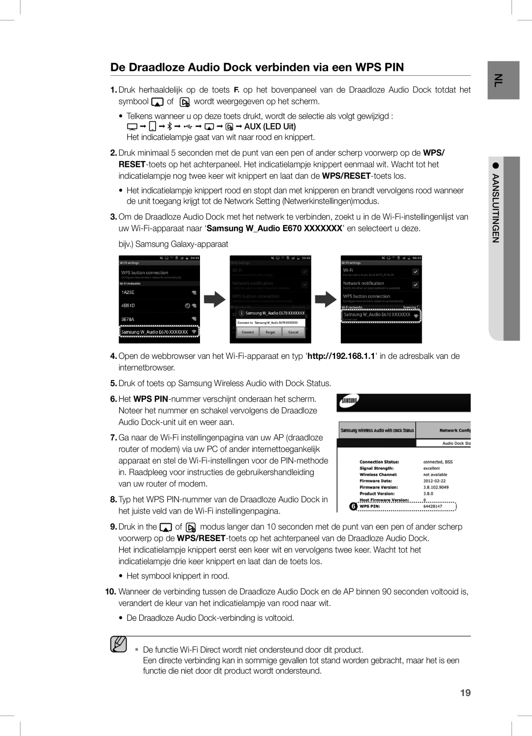 Samsung DA-E670/EN manual De Draadloze Audio Dock verbinden via een WPS PIN 