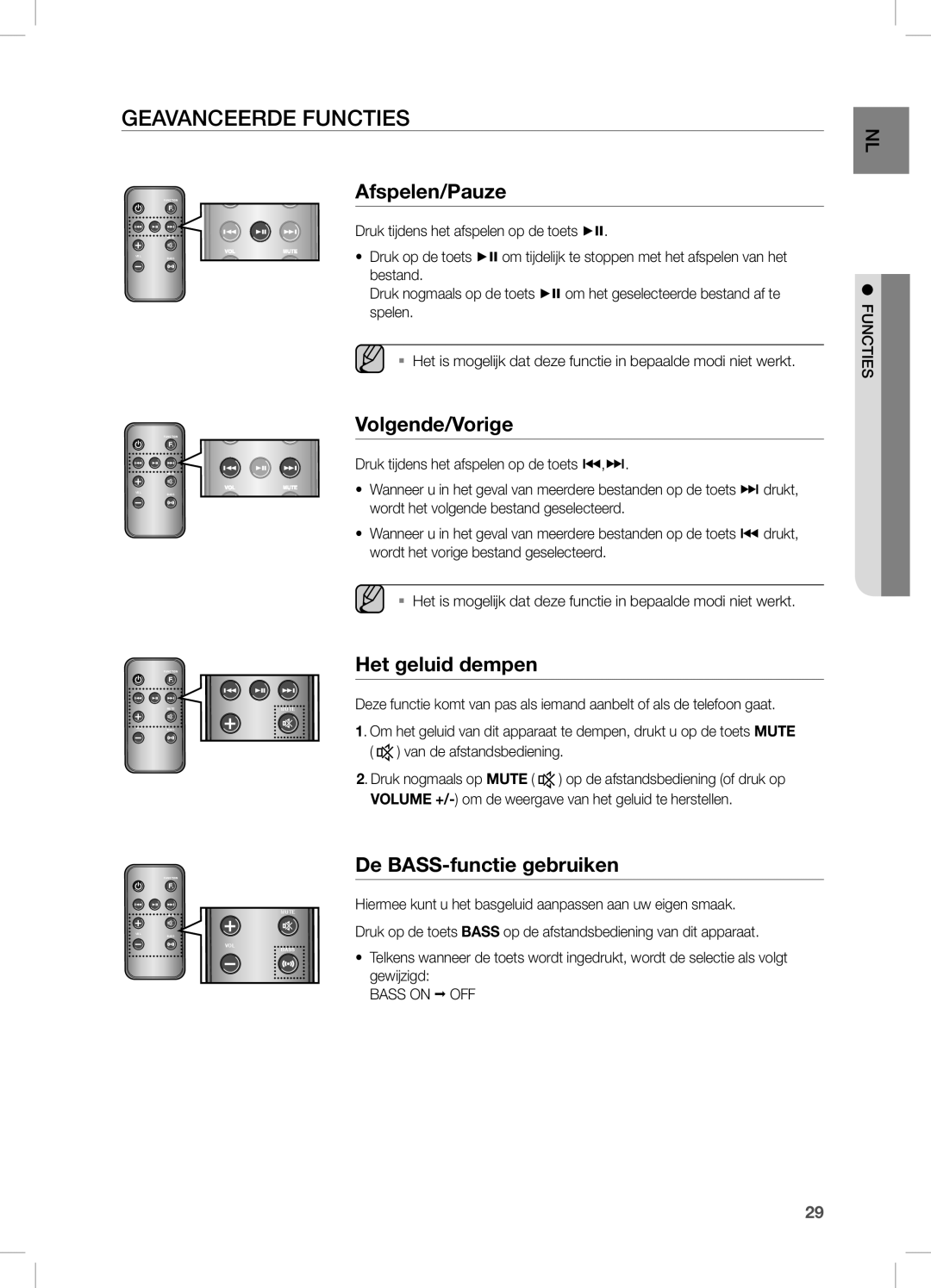 Samsung DA-E670/EN Geavanceerde Functies, Afspelen/Pauze, Volgende/Vorige, Het geluid dempen, De BASS-functie gebruiken 