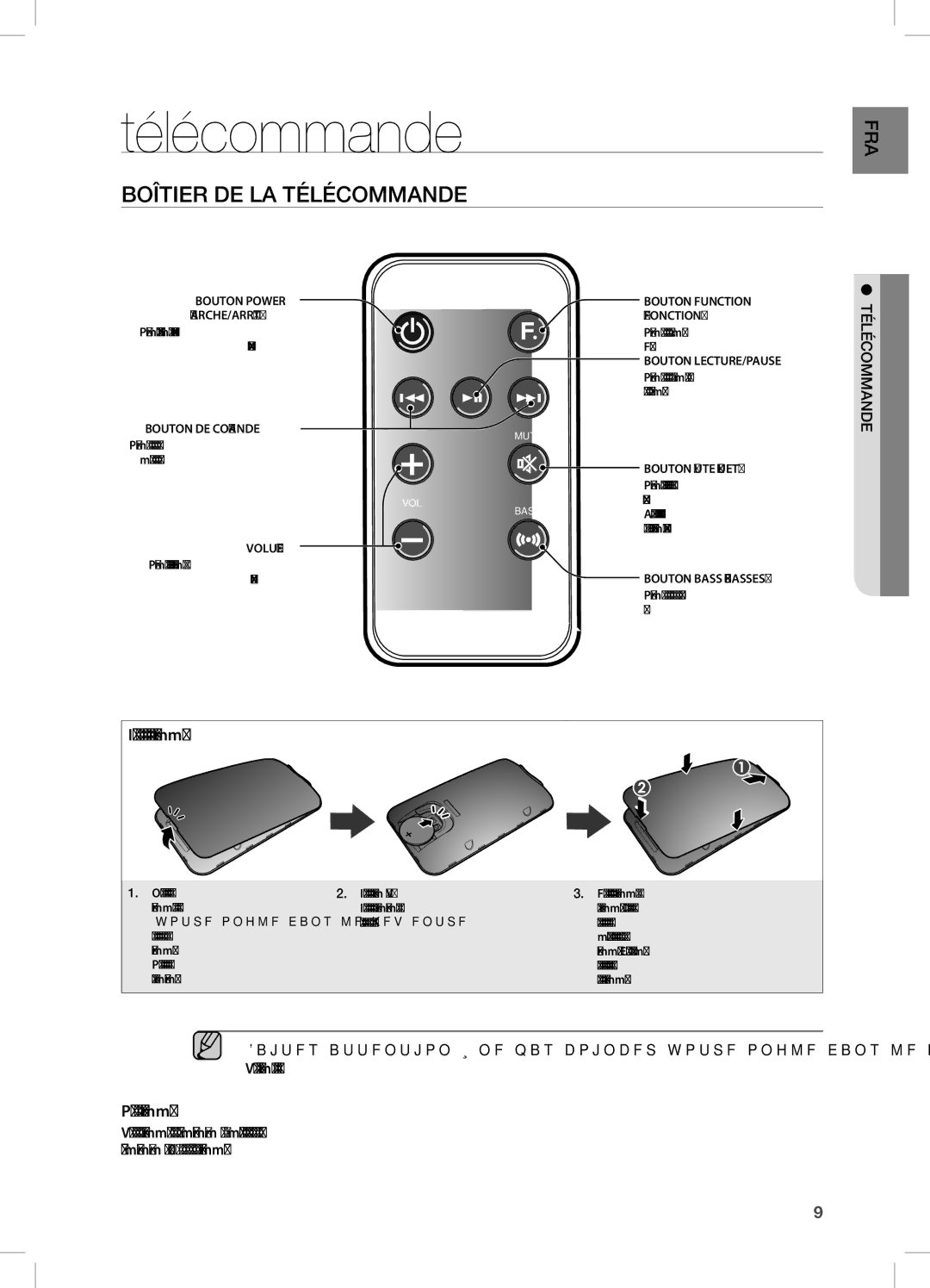 Samsung DA-E670/EN Boîtier DE LA Télécommande, Insertion de la pile dans la télécommande, Portée de la télécommande 