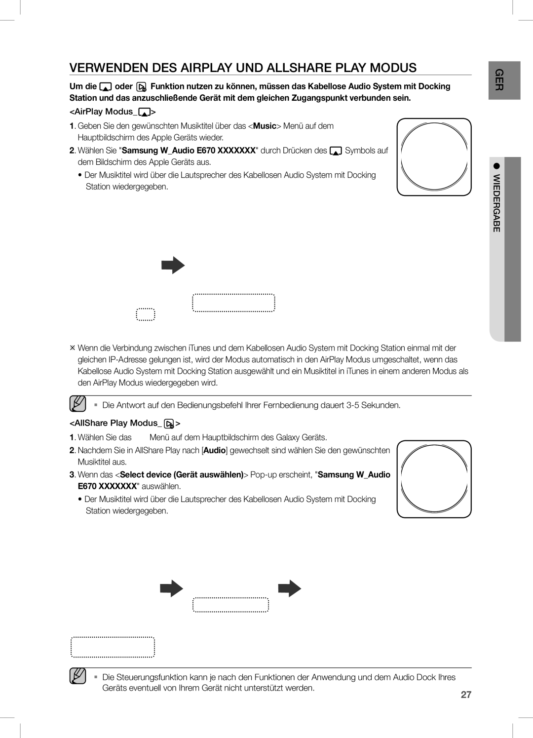 Samsung DA-E670/EN manual Verwenden DES Airplay UND Allshare Play Modus 