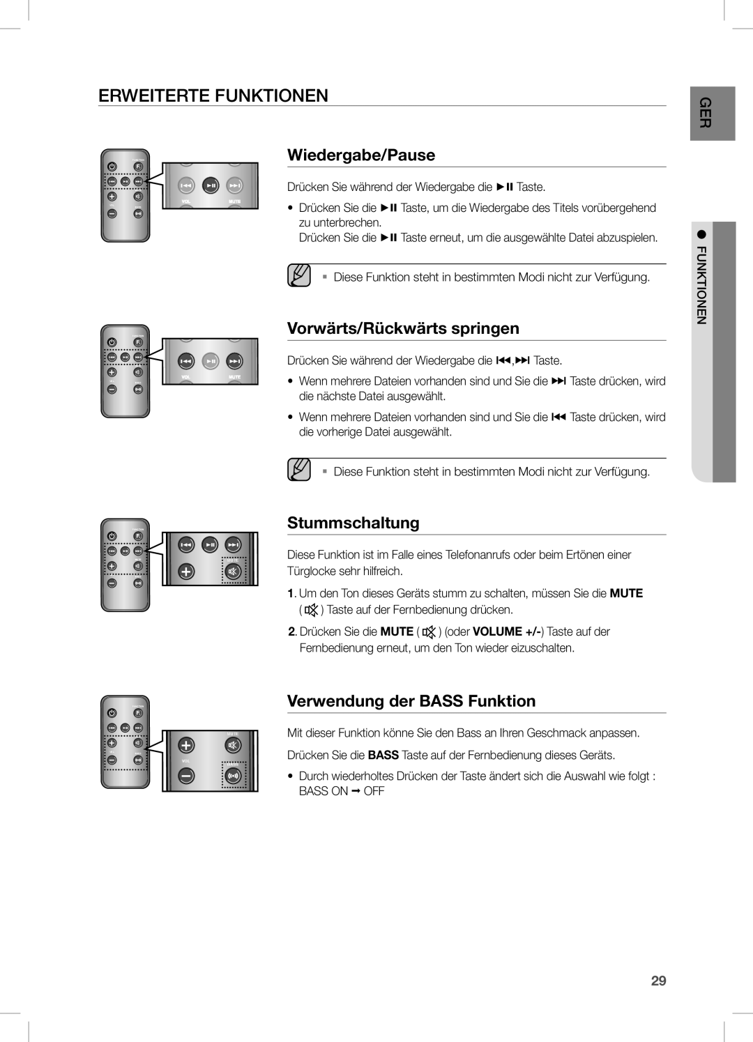 Samsung DA-E670/EN manual Erweiterte Funktionen, Wiedergabe/Pause, Vorwärts/Rückwärts springen, Stummschaltung 