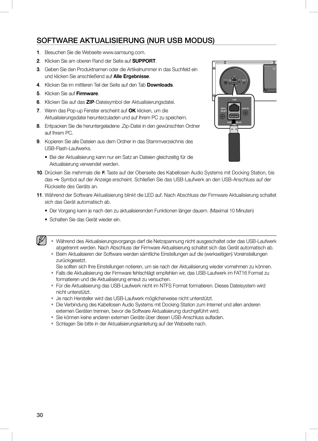 Samsung DA-E670/EN manual Software Aktualisierung nur USB Modus 