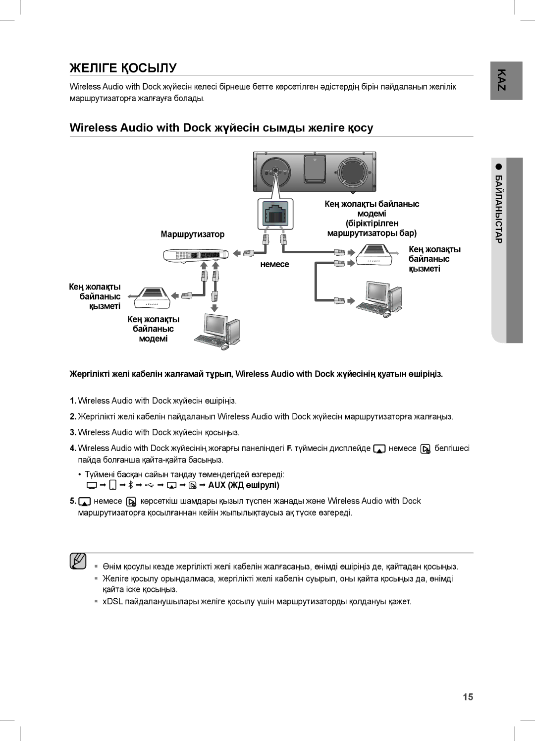 Samsung DA-E670/RU manual Желіге Қосылу, Wireless Audio with Dock жүйесін сымды желіге қосу 