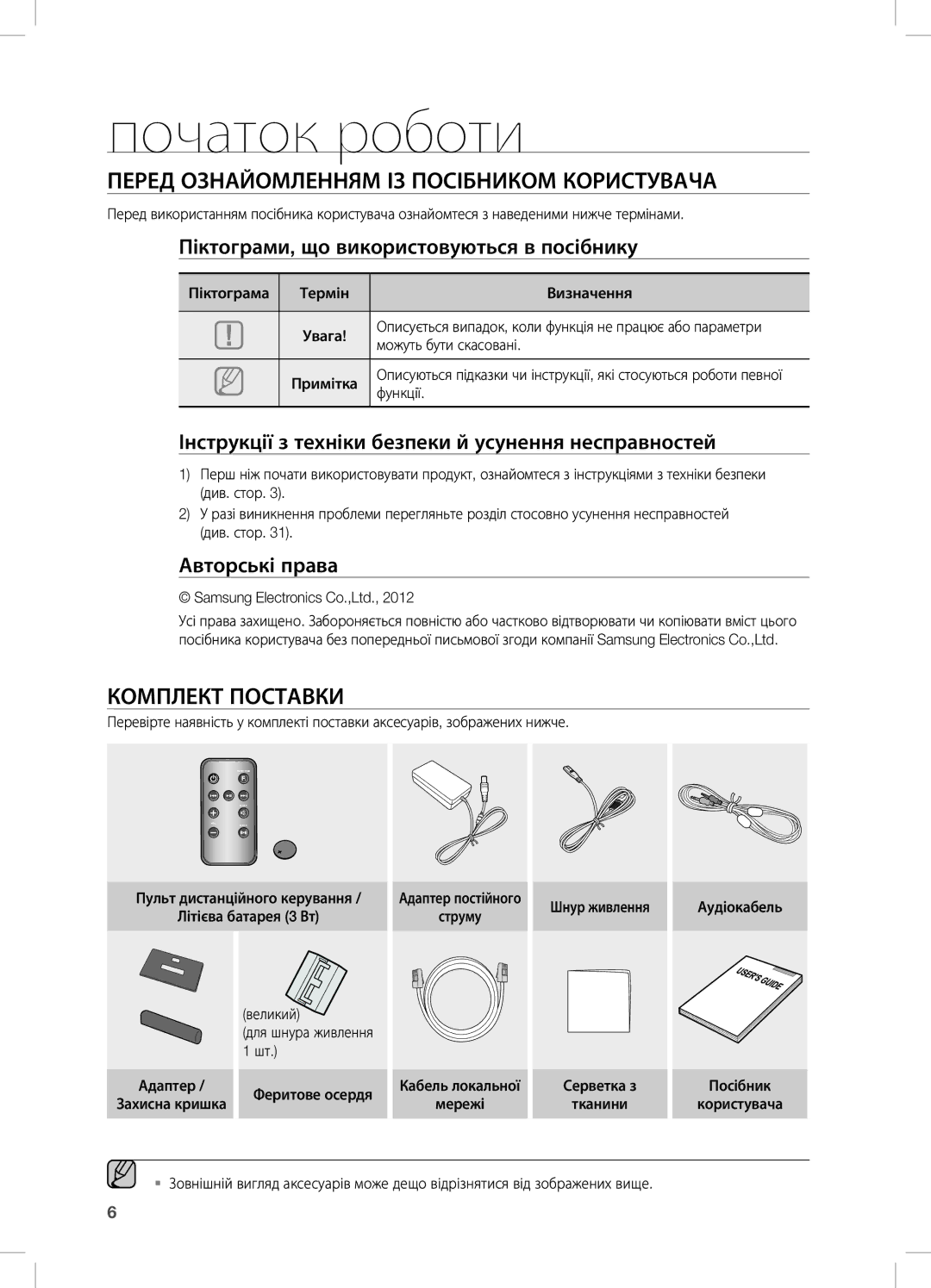 Samsung DA-E670/RU manual Початок роботи, Перед ознайомленням із посібником користувача, Комплект Поставки 