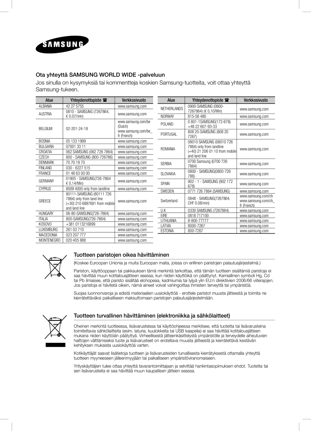 Samsung DA-E670/XE manual Tuotteen paristojen oikea hävittäminen 