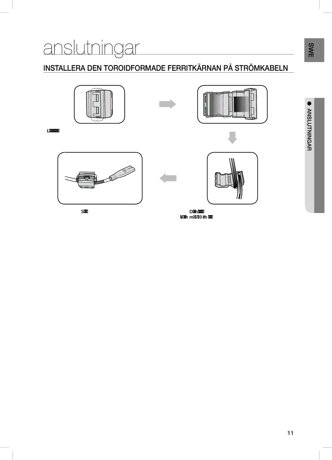 Samsung DA-E670/XE manual Anslutningar, InsTALLeRA den TOROidFORMAde FeRRiTKÄRnAn PÅ sTRÖMKAbeLn, AnsLuTninGAR 