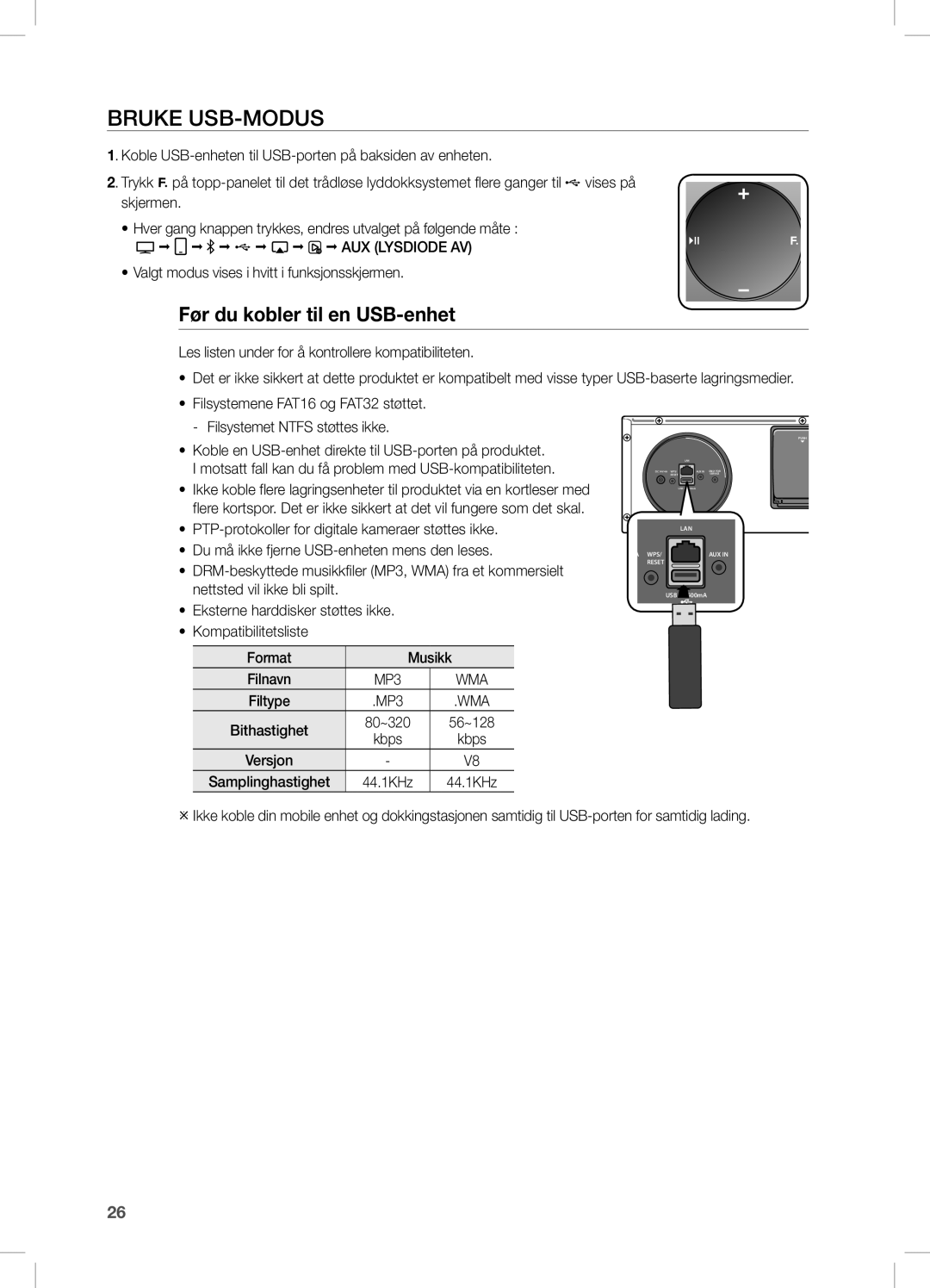 Samsung DA-E670/XE manual Bruke USB-MODUS, Før du kobler til en USB-enhet 