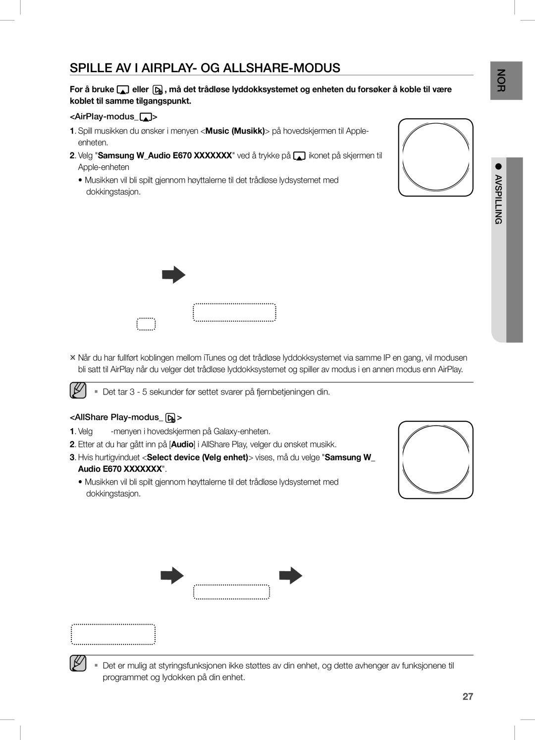 Samsung DA-E670/XE manual Spille AV I AIRPLAY- OG ALLSHARE-MODUS 