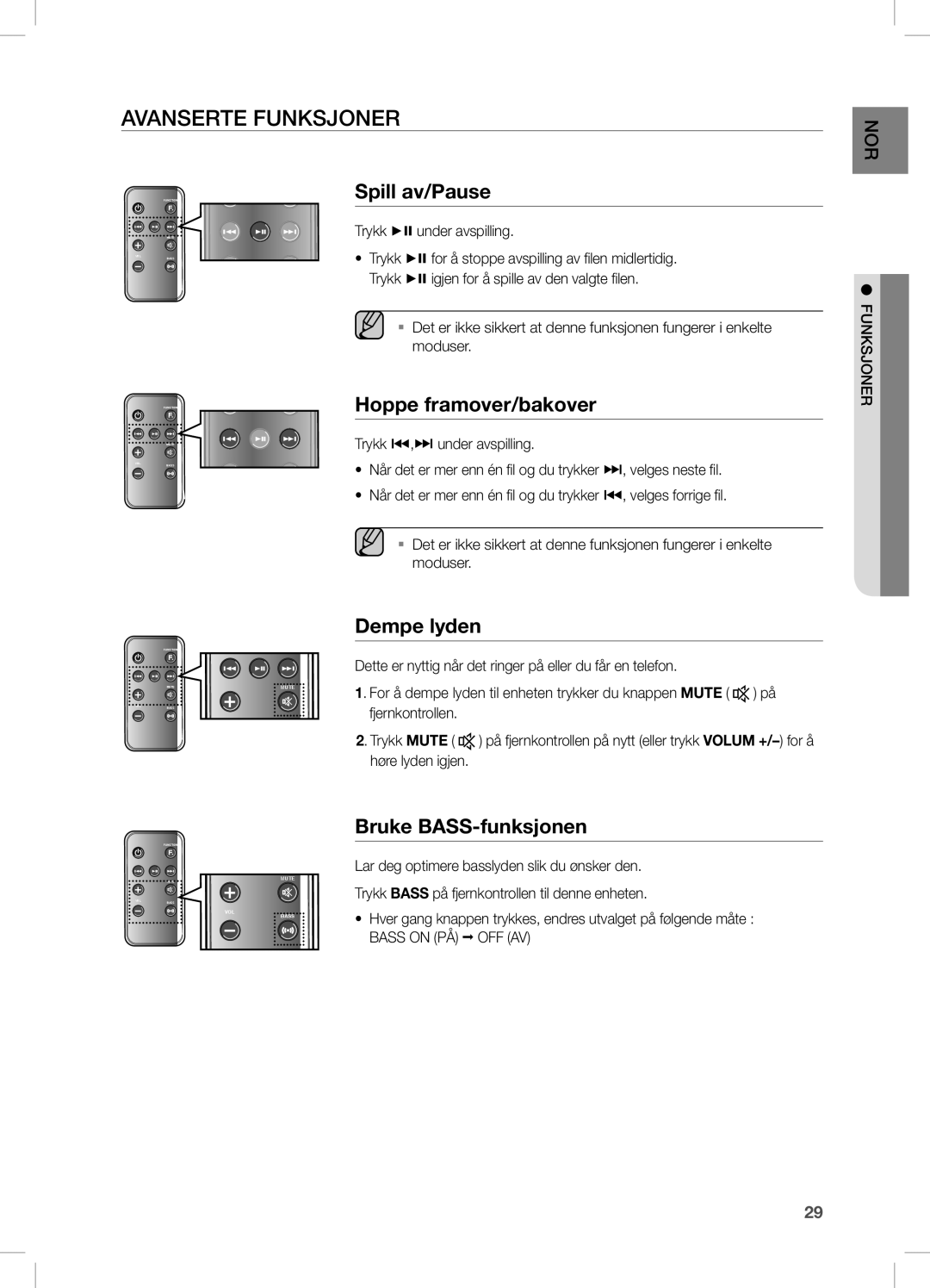 Samsung DA-E670/XE manual Avanserte Funksjoner, Spill av/Pause, Hoppe framover/bakover, Dempe lyden, Bruke BASS-funksjonen 