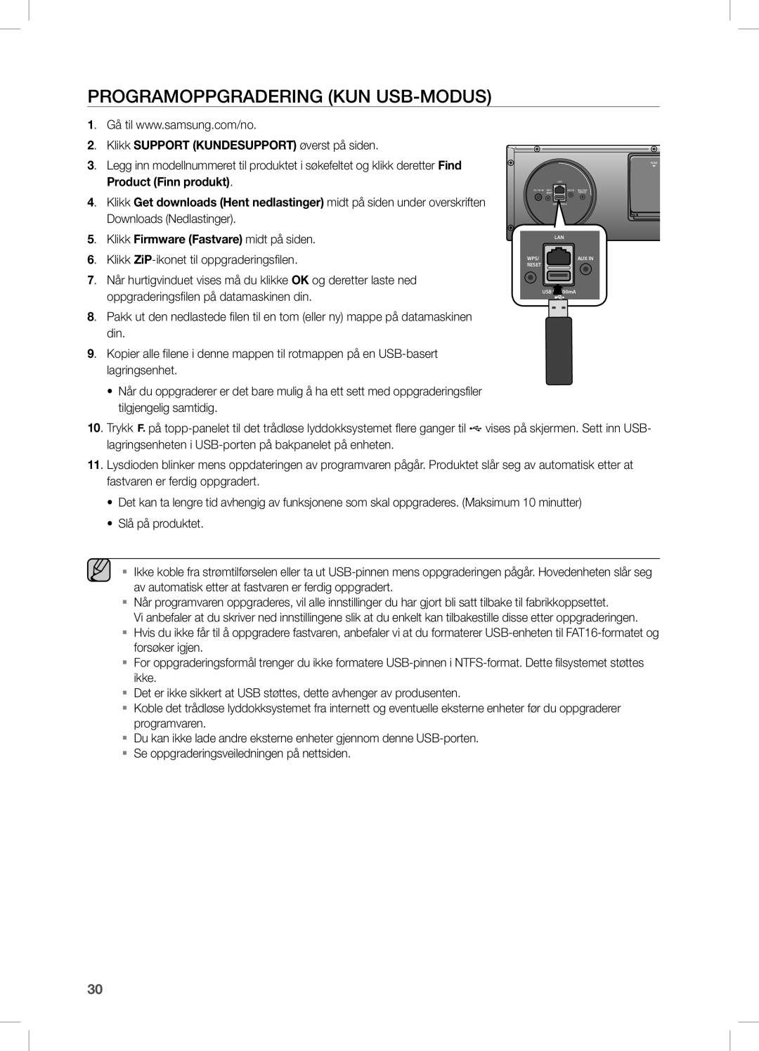 Samsung DA-E670/XE manual Programoppgradering kun USB-modus, Klikk Support Kundesupport øverst på siden 