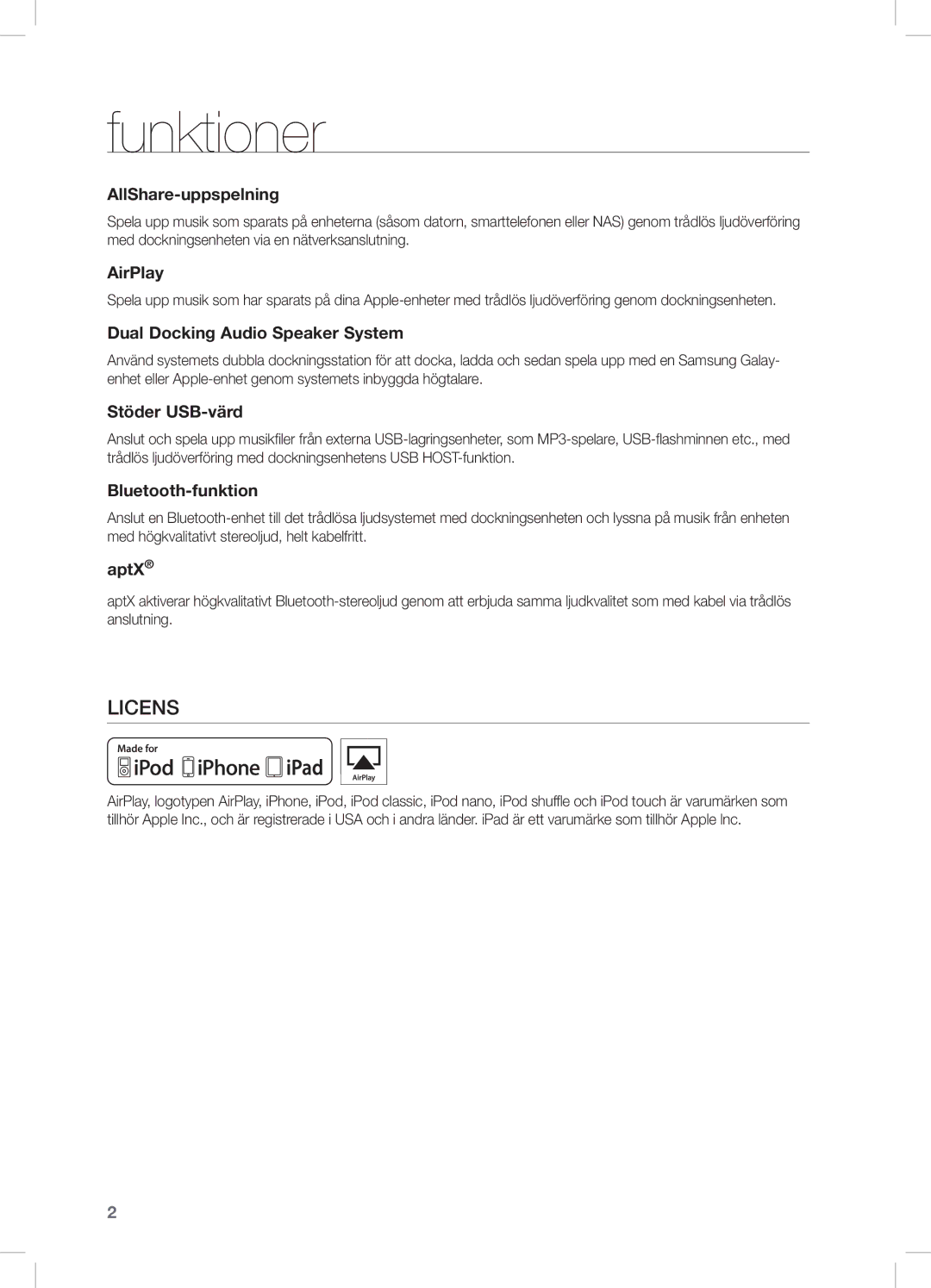 Samsung DA-E670/XE manual Funktioner, Licens 