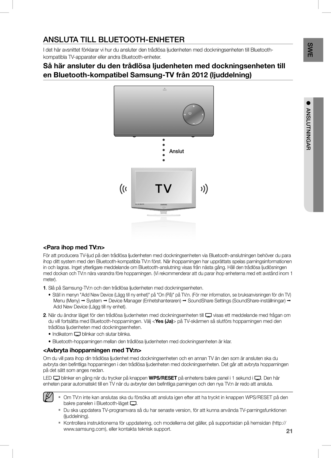 Samsung DA-E670/XE manual Ansluta Till BLUETOOTH-ENHETER, Para ihop med TVn, Avbryta ihopparningen med TVn 