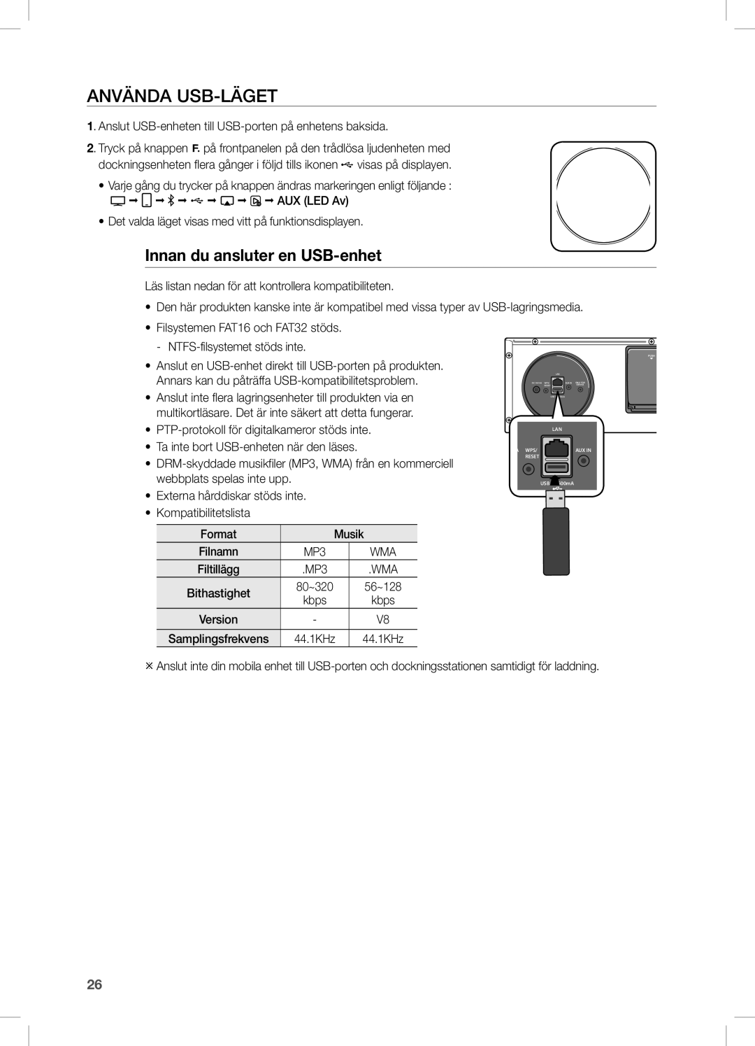 Samsung DA-E670/XE manual Använda USB-LÄGET, Innan du ansluter en USB-enhet 