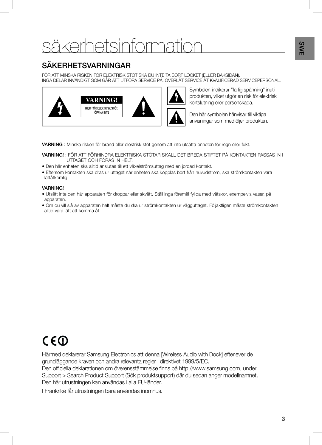 Samsung DA-E670/XE manual Säkerhetsinformation, Säkerhetsvarningar 