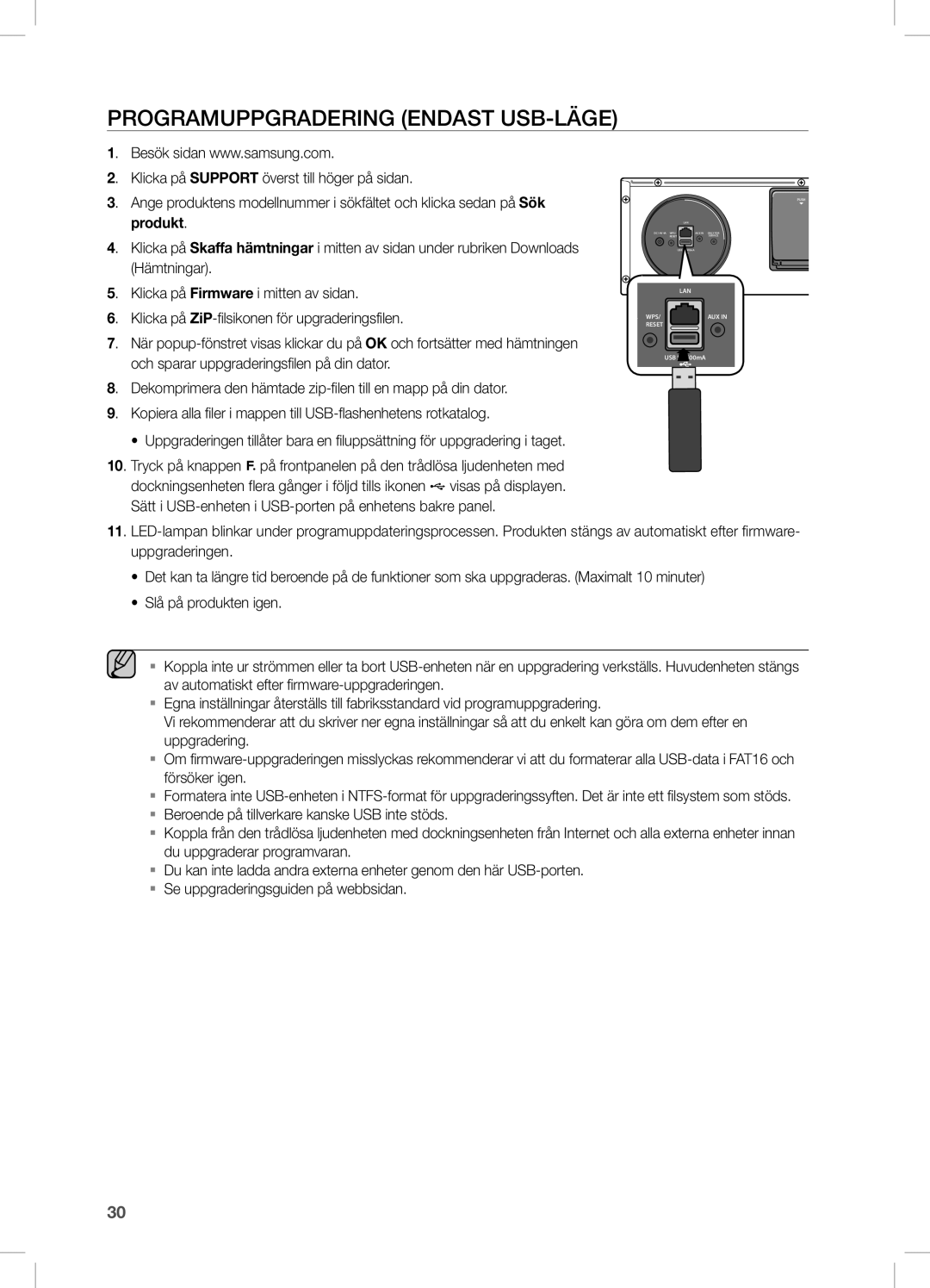 Samsung DA-E670/XE manual Programuppgradering endast USB-läge 